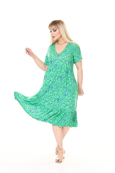 mami butik Large Size V-Neck Short Sleeve Robe Skirt Gathered Madi Size Viscose Combed Cotton Stylish Comfortable Dress
