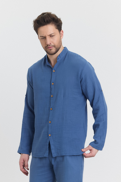 TCT TEKSTİL Чоловіча сорочка - Муслінова сорочка з коміром-стійкою та довгими рукавами - 4050