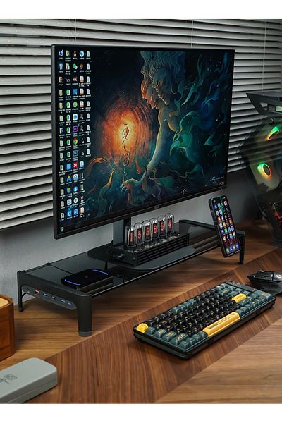 FlashHawk Monitor Riser Stand with USB 3.0 Hub,Tempered Glass Desk Storage Stand Support