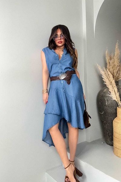 Sohotique By P Cămașă albastră din denim modal - cu volan și țesătură Vol-Onu