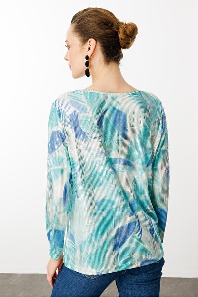 Desen Triko Γυναικεία μπλούζα με μοτίβο με φύλλα σε χρώμα O-Neck A.Green