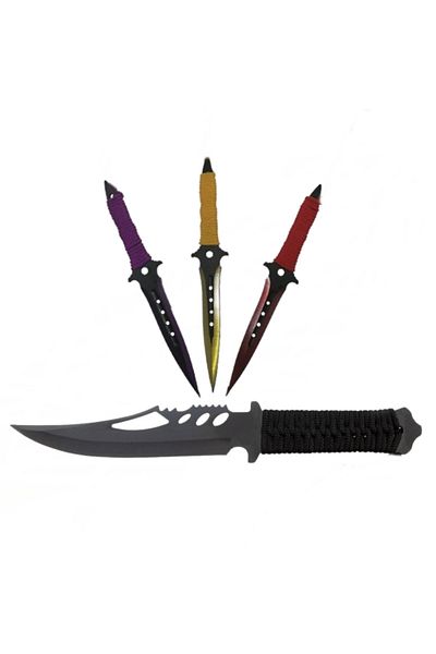Depox Set de cuțite de vânătoare Extreme Battle și trei cuțite de aruncare, Ninja Assassin, IdeallStore®, inox