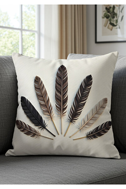 Sakallı Cream Ground Gray Feather Patterned Digital Printed Decorative Set of 2 Throw Pillow Cases
