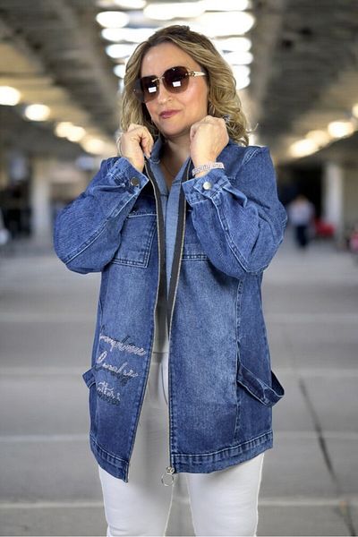 yagmurberen Double Chest Pocket Zipper Closure Hooded Letter Stone Decoration Detail Large Size Denim Jacket