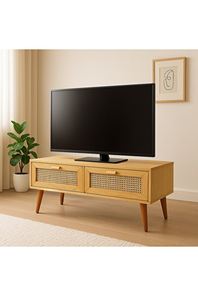 ka tasarım TV Ünitesi Doğal Masif Ahşap Hazeranlı Çekmeceli ve Torna Ayaklı