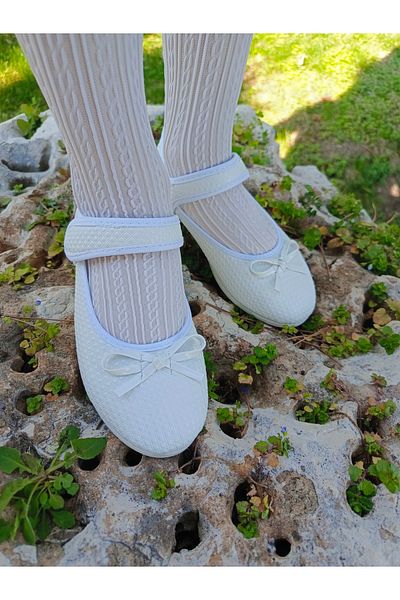 NewOneMall Pantofi de balerină pentru copii cu talpă confortabilă cu velcro cu fundă albă