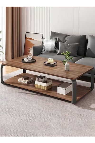 Taimi Wooden Coffee Table Modern Design with Double Layer Storage Space and Metal Legs,100x50x43cm
