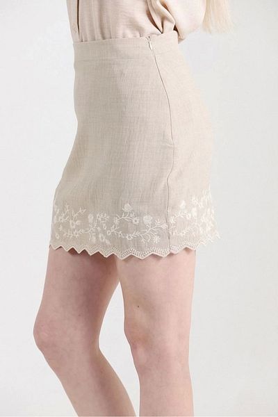 Ecenin Favorileri Fusta mini pentru femei din in culoarea piatră brodată