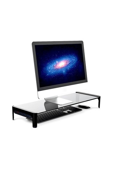 FlashHawk Monitor Riser Stand with USB 3.0 Hub,Tempered Glass Desk Storage Stand Support