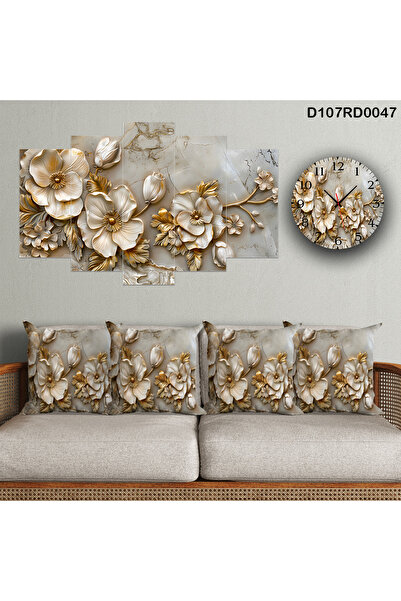 A2ZTR Tablo çiçekli 5 parçalı, saat ve 4'lı kırlent kılıfı çift tarafı baskıdır