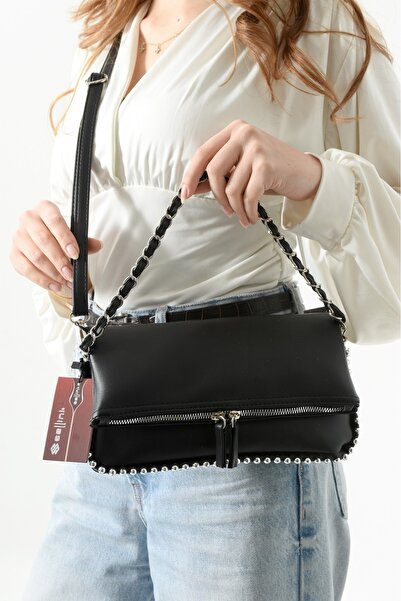 Sellini Kadın Katlanabilir Siyah Zincirli Detaylı Omuz El Ve Çapraz Çanta