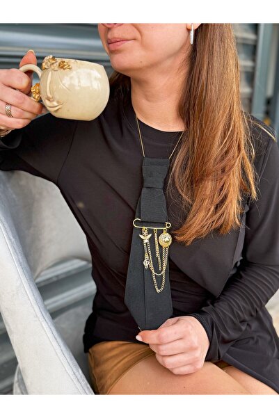 SE Jewellery Collection Selin Ersoy Siyah Broş Detaylı Şık Kadın Kravat Kolye...