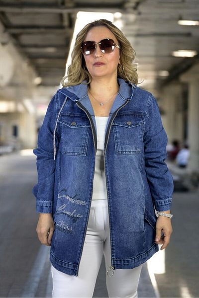 yagmurberen Double Chest Pocket Zipper Closure Hooded Letter Stone Decoration Detail Large Size Denim Jacket
