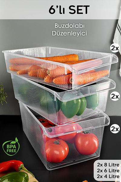 Meleni Home Set of 6 Refrigerator Organizers - In-Cabinet Organizer Basket Fruit Vegetable Storage Container 2X(4-6-8) Lt