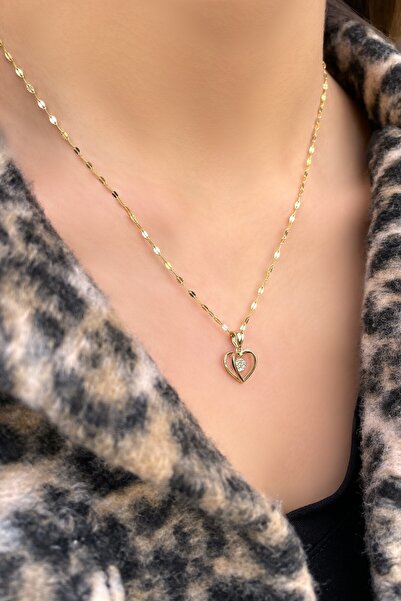 Altınaşkı Aynalı Zincirli Kalp Uçlu Altın Kolye