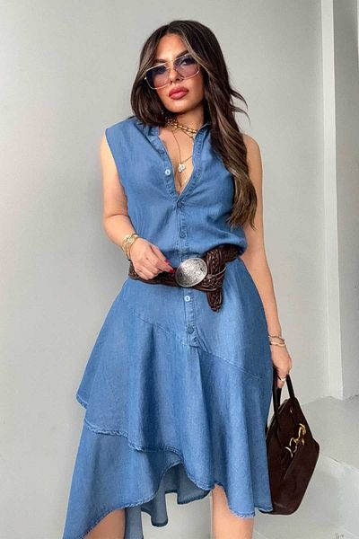 Sohotique By P Cămașă albastră din denim modal - cu volan și țesătură Vol-Onu
