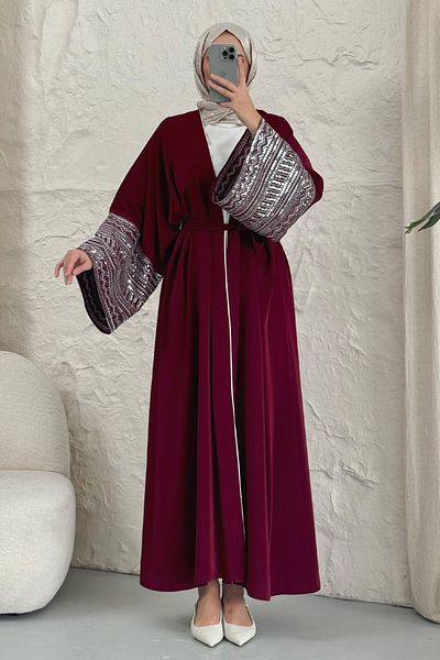 InStyle Abaya burgundă cu mâneci cu paiete și paiete