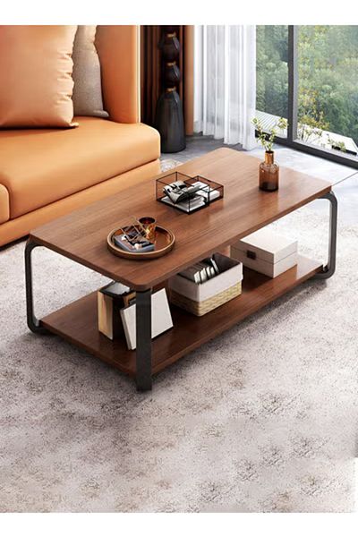Taimi Wooden Coffee Table Modern Design with Double Layer Storage Space and Metal Legs,100x50x43cm