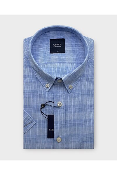 KAMER ERKEK REGULAR FIT KISA KOL PAMUKLU DÜĞMELİ YAKA TEK CEPLİ EKOSE MAVİ GÖMLEK 9481M