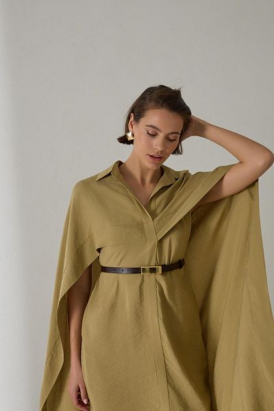 Setre Mustard Cape and Belt Detailed Shirt Collar Dress