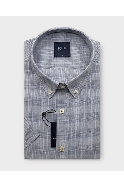 KAMER ERKEK REGULAR FIT KISA KOL PAMUKLU DÜĞMELİ YAKA TEK CEPLİ EKOSE GRİ GÖMLEK 9481G