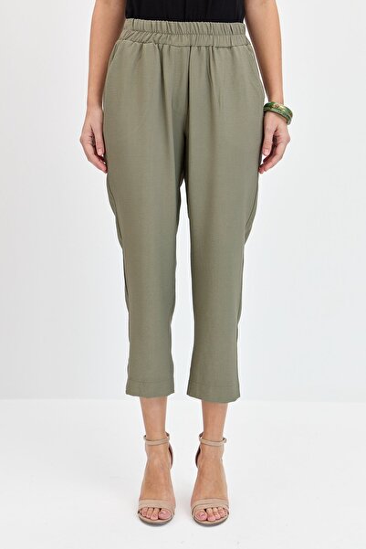 Desen Triko Women's Elastic Waist Side Pocket Carrot Cut Linen Trousers Khaki