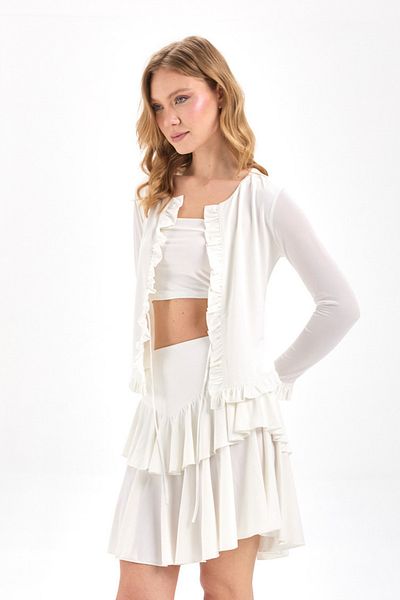 By Yaren Yazıcı Ecru Ruffle Detailed Lace up Cardigan