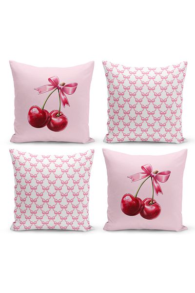 Bertille Home Σετ ριχτάρι μαξιλαριού σειράς Cherry Bow με ψηφιακή εκτύπωση διπλής όψης με 4 κάλυμμα (Cherry with Bow)