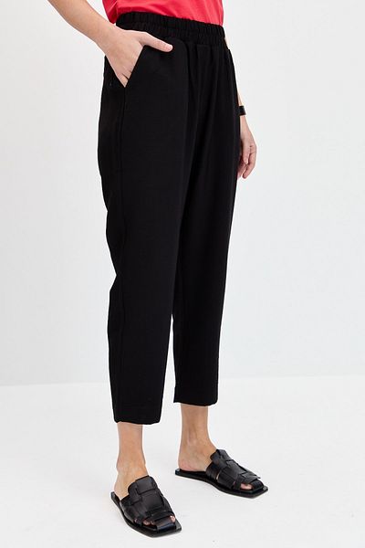 Desen Triko Women's Elastic Waist Side Pocket Carrot Cut Linen Trousers Black