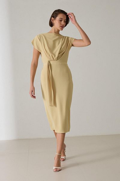 Setre Butter Yellow Midi Dress with Tie-Up Detail at the Waist and Loose Collar Detail