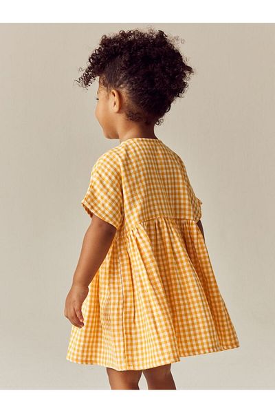 Next Baby 100% Cotton Yellow Plaid Floral Print Short Sleeve Dress