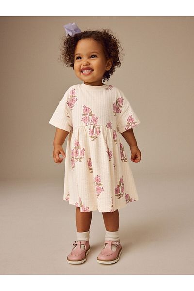Next Baby 100% Cotton Ecru Floral Patterned Short Sleeve Dress