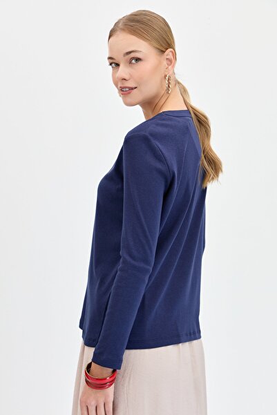 Desen Triko Γυναικεία βαμβακερή μπλούζα με βελόνα στον ώμο και το γιακά K.Navy Blue