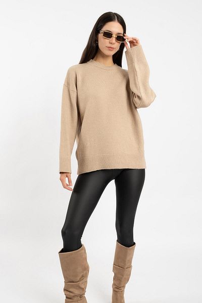 RTD&VLD Women's Vita-173 Stob Crew Neck Comfortable Fit Soft Textured Knitwear Sweater Beige