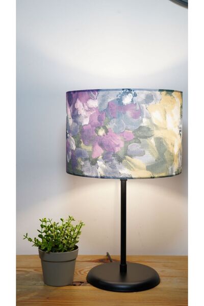 retro home design Siyah Ayak Mor Çiçekli Silindir Şapkalı Masa Lambası 1 Adet...