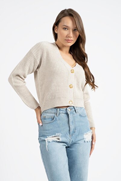 RTD&VLD Kadın Vt76 Bonita Düğmeli Triko Hırka Bej