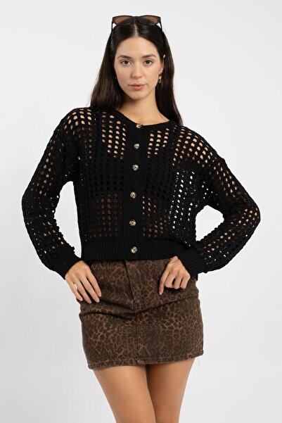 RTD&VLD Kadın Vita 187 Trend Ajurlu / Delikli Mevsimlik Düğmeli Triko Hırka Siyah