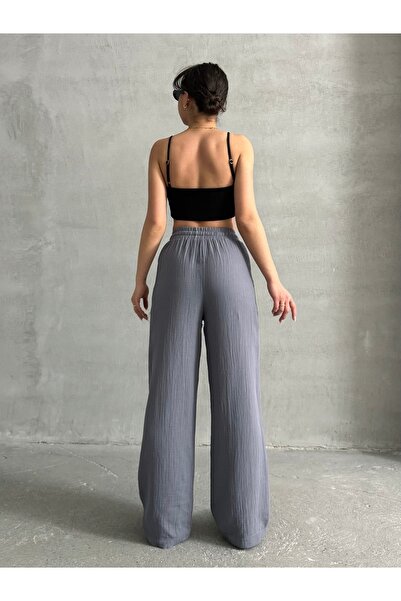 BEJNA Dámské šedé mušelínové kalhoty Palazzo