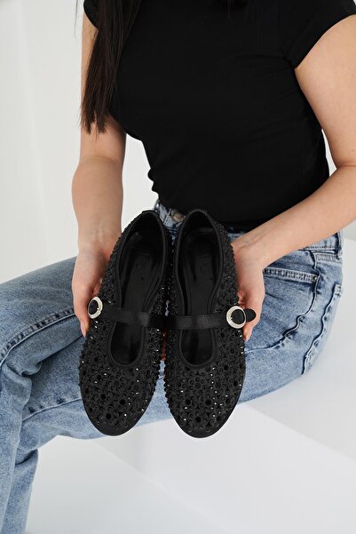 Beyond Women's Black Satin Stone Detailed Buckle Ballerinas Byndkp867