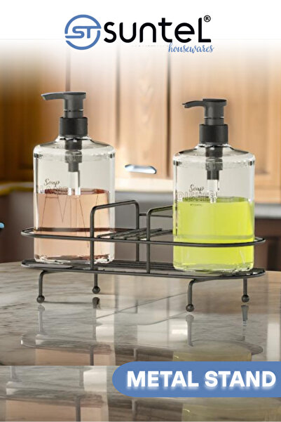 SUNTEL BANYO VE MUTFAK AKSESUARLARI Siyah Pompalı Plastik Sıvı Sabunluk Seti – 2’li Metal Standlı