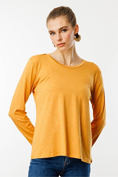 Desen Triko Kadın Sıfır Yaka Flamlı Kumaş Basic Penye Bluz Hardal
