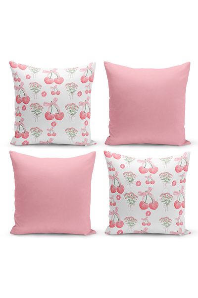Bertille Home Σετ ριχτάρι μαξιλαριού σειράς Cherry Bow με ψηφιακή εκτύπωση διπλής όψης με 4 κάλυμμα (Cherry with Bow)