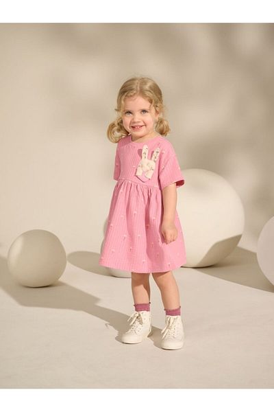Next Baby 100% Cotton Pink Rabbit Pattern Short Sleeve Dress