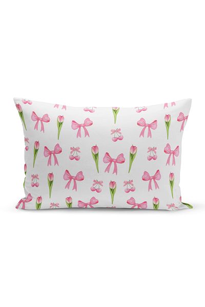 Bertille Home Κάλυμμα μαξιλαριού με ριχτάρι σειράς Cherry Bow διπλής όψης με ψηφιακή εκτύπωση (Cherry with Bow)