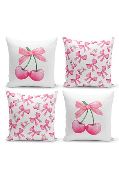 Bertille Home Σετ ριχτάρι μαξιλαριού σειράς Cherry Bow με ψηφιακή εκτύπωση διπλής όψης με 4 κάλυμμα (Cherry with Bow)