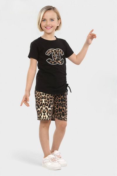 Pasur Bebe Girl's Leopard Detail Tee and Leopard Shorts Double Set
