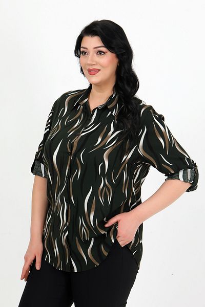 By Alba Collection Women's Khaki Patterned Cotton Viscose Large Size Shirt