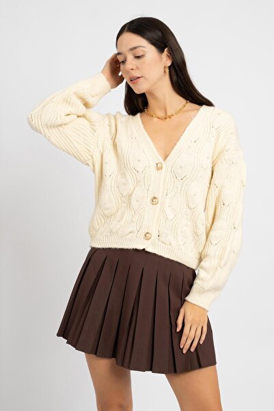 RTD&VLD Women's Vita S142 Cashew Pearl Gold Buttoned Knitwear Cardigan Ecru