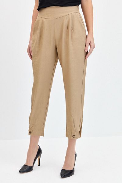 Desen Triko Women's Wide Belted Leg Buttoned Linen Trousers Camel