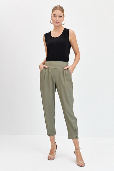 Desen Triko Women's Wide Belted Leg Buttoned Linen Trousers Khaki